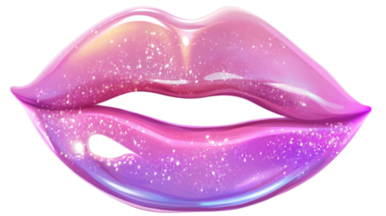 Glossy pink lip gloss smear with natural curve and light reflections, transparent edges, white background, PNG 