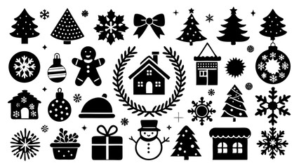 Black And White Christmas Icon Set With Trees Snowflakes And Holiday Elements