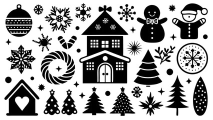 Fototapeta premium Christmas Vector Illustration With Festive Holiday Elements In Black And White Silhouette