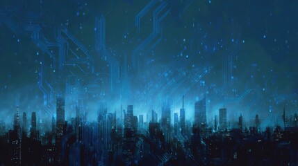 Surreal Futuristic City Skyline with Digital Elements and Glow