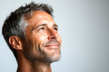 Obraz premium Conceptual art of style for aging men. Modish men's crew cut haircut - midlife white man with hair. Pure white solid background. A classy midlife man with a timeless look.