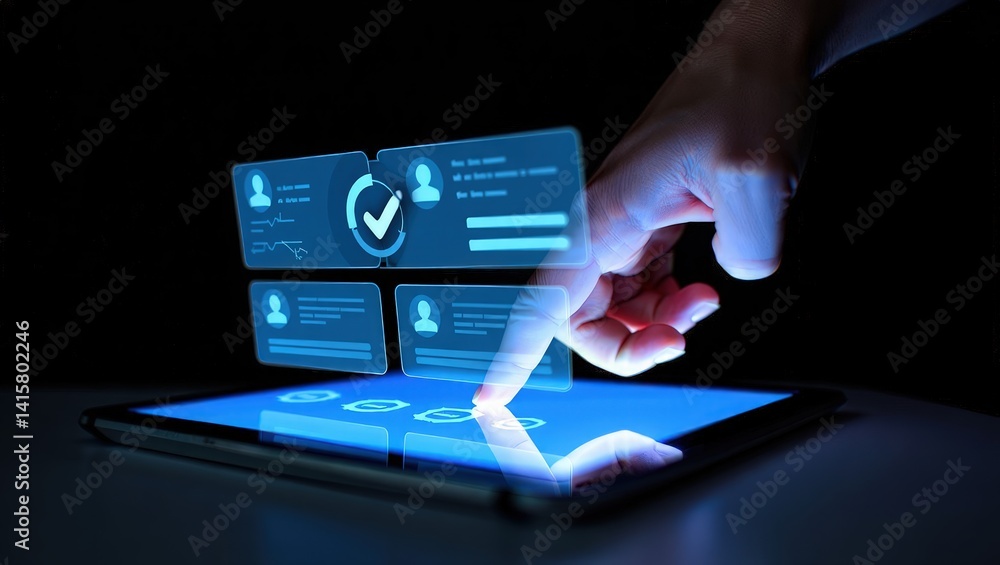 Poster digital kyc verification with hand interacting on holographic interface.