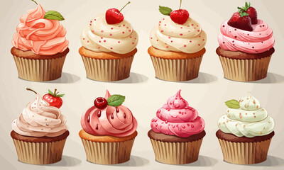 cupcakes, eight pieces, on white background, vector