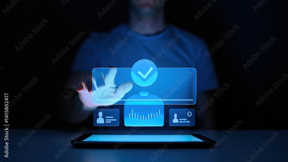 Poster digital kyc verification with hand interacting on holographic interface.