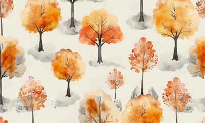 Cute watercolor drawing with autumn trees, autumn forest seamless pattern in soft colors. Autumn trendy art background for season decoration, greetings, ads, fabric textile and packaging