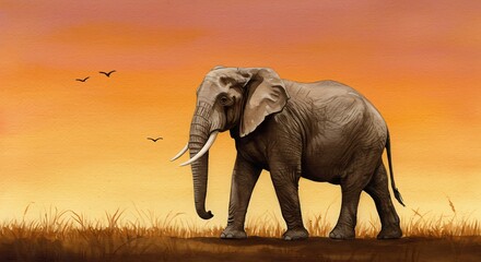 Watercolor Elephant at Sunset on Savannah Landscape