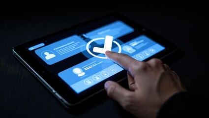 Digital KYC verification with hand interacting on holographic interface.