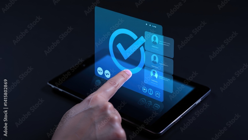 Aufkleber digital kyc verification with hand interacting on holographic interface.
