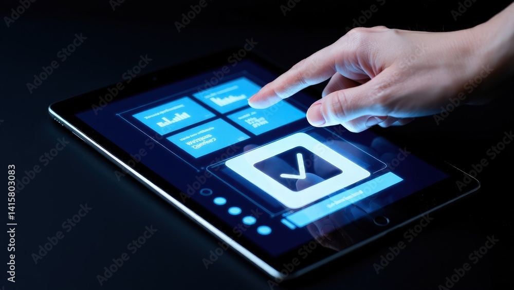 Poster digital kyc verification with hand interacting on holographic interface.