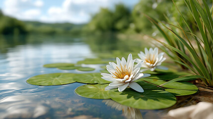 Water lilies blooming peacefully on a serene lake background  