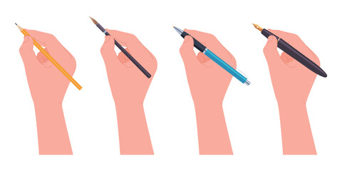 A set of different pens and pencils in hands. Writing tools. Vector illustration
