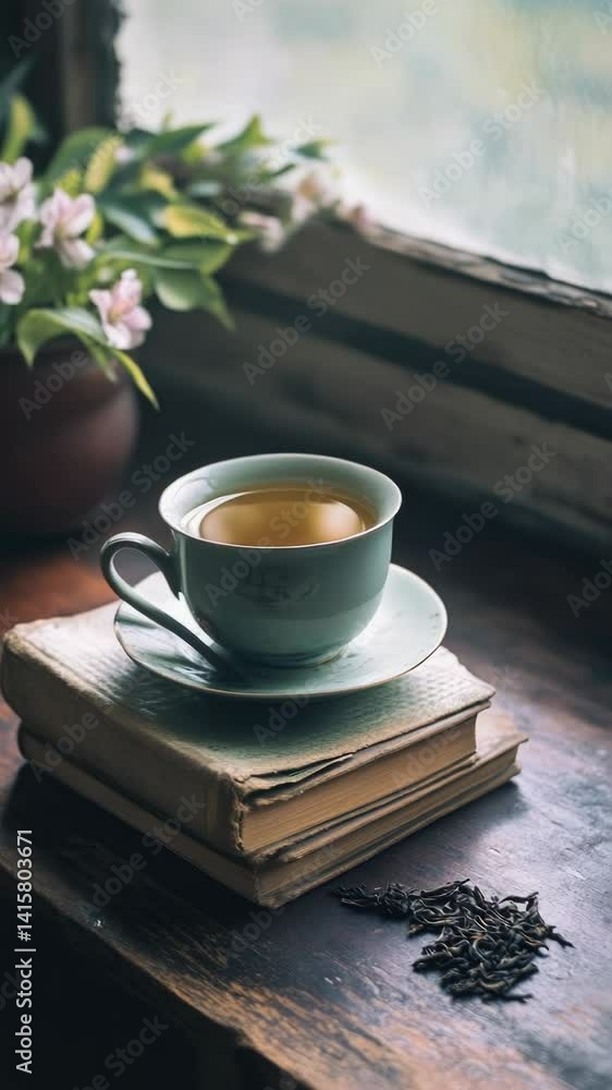 Poster a cup of tea sitting on top of a stack of books, perfect for a cozy study session or reading nook.