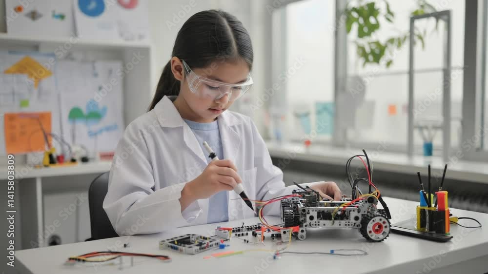 Poster Scientist working on electronic devices in a laboratory setting.