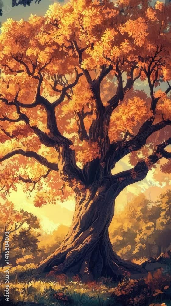 Poster a large tree stands tall in a dense forest.