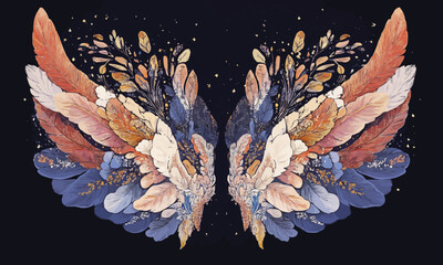 Detailed illustration of angel wings with feathers and intricate patterns, capturing their ethereal beauty. , Vector flat minimalistic isolated illustration