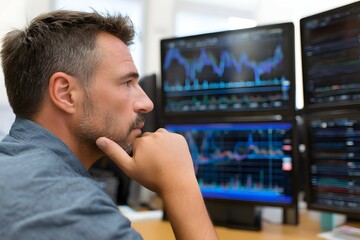 Focused trader observes multiple computer screens displaying stock market data.