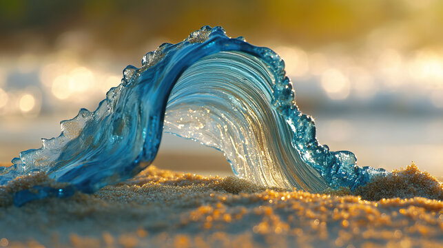 A collection of bright and colorful beach buckets sitting on a sandy shore at sunrise