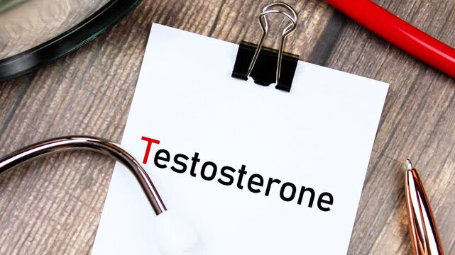 TESTOSTERONE text, inscription on a pad with a stethoscope. Testosterone medical concept, animation.