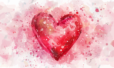 Fototapeta premium Happy Valentine's Day. Illustration of a red watercolor heart on a white background, a cute pink pattern and a minimalistic background
