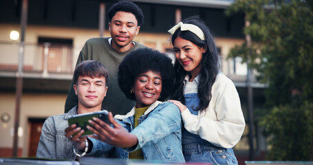 Happy, students and friends with selfie at university for education, break and smile at college. School campus, group and men and women with photo for social media, online post and profile picture