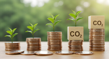  Growing Plants on Rising Coin Stacks with CO2 Blocks, Depicting Sustainable Investment, Carbon...