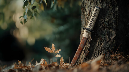 Rusty Samurai Sword In Autumn Forest