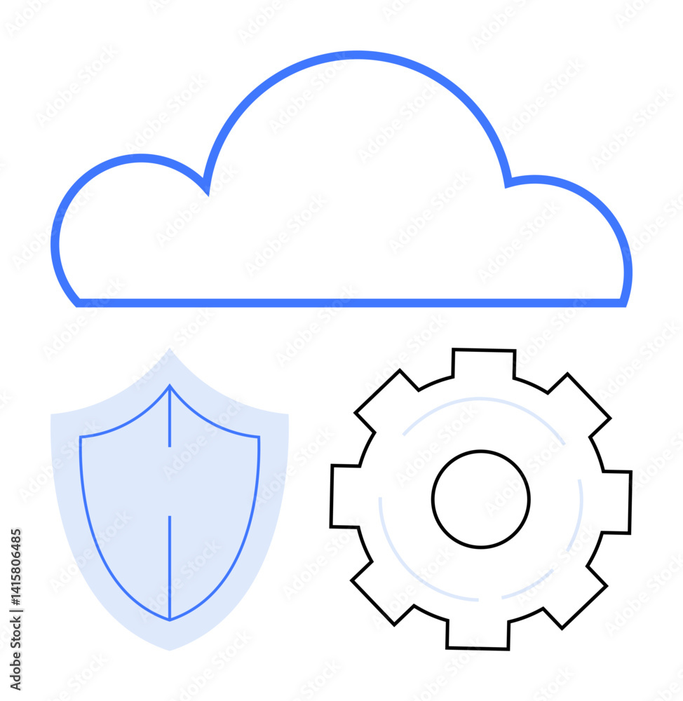 Aufkleber cloud outline with a shield for security and gear for settings. ideal for technology, cloud computin
