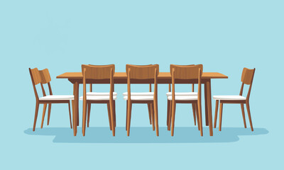 Elegant wooden dining table with chairs. Vector flat minimalistic isolated illustration. -