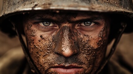 Portrait cinématographique d’un soldat au visage couvert de boue avec un regard intense et déterminé