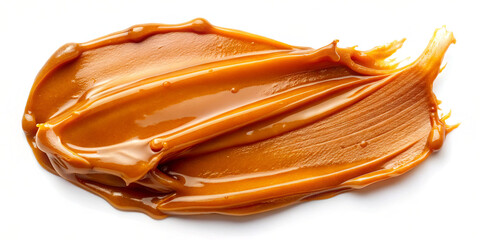 A glossy, rich caramel swirl is spread out on a smooth white surface, showcasing its inviting texture and color, ideal for dessert recipes and culinary presentations