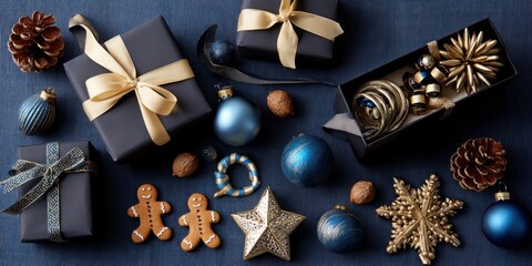 Festive Christmas gifts and decorations on a dark blue surface