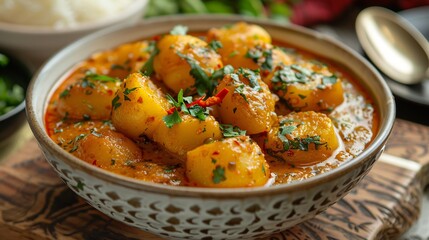 Nepalese aloo tama curry potatoes and bamboo shoots plated in white ceramic bowl