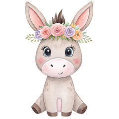 Cute donkey in a flower crown. Watercolor isolated illustration. 