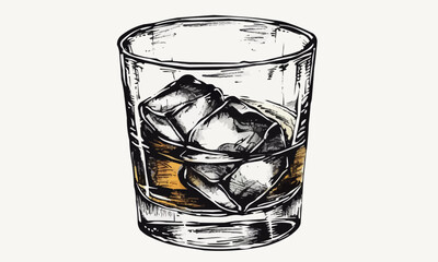 Glass of whiskey or bourbon hand drawn in sketch. Engraving style vector illustration