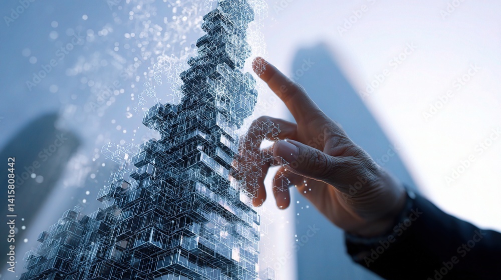 Poster technologist interacting with touchscreen display and digital building