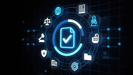 Digital compliance and data security concept with a holographic document surrounded by legal and regulatory icons, protected by hands in a dark background.