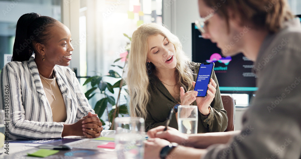 Aufkleber Meeting, presentation and businesswoman with phone in office for app development tutorial. Discussion, programming and female speaker with cellphone for user interface with collaboration in workplace