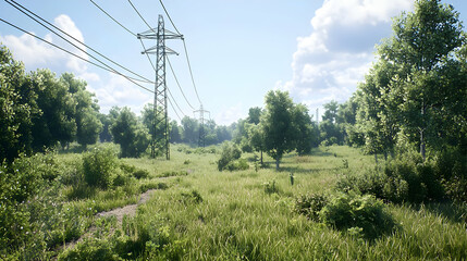 Open Field With Trees And Powerlines Under Sunny Sky
