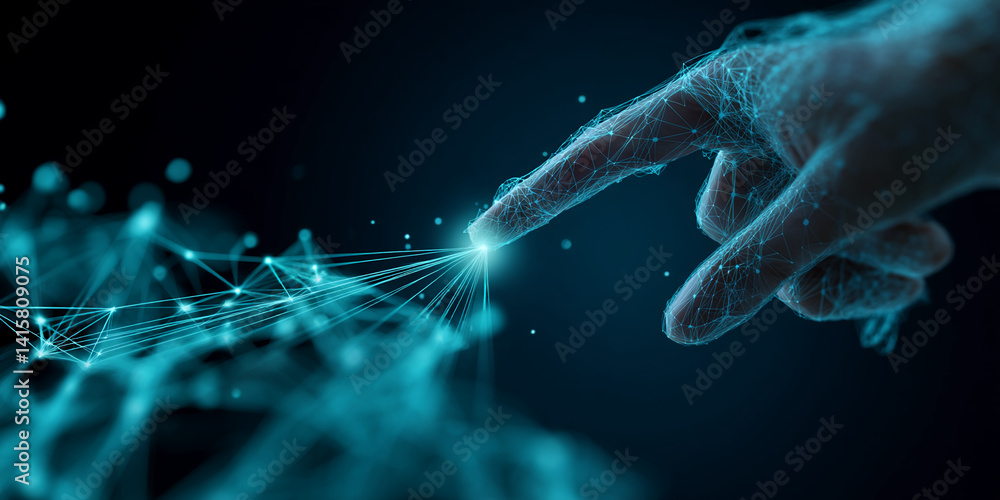 Poster abstract image of a fingertip, represented by a network of glowing lines, connecting to a similar ne