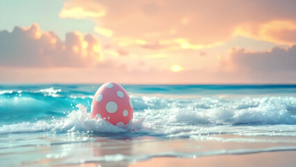 Easter egg on beach in the ocean pink blue white pastel ocean and sky landscape