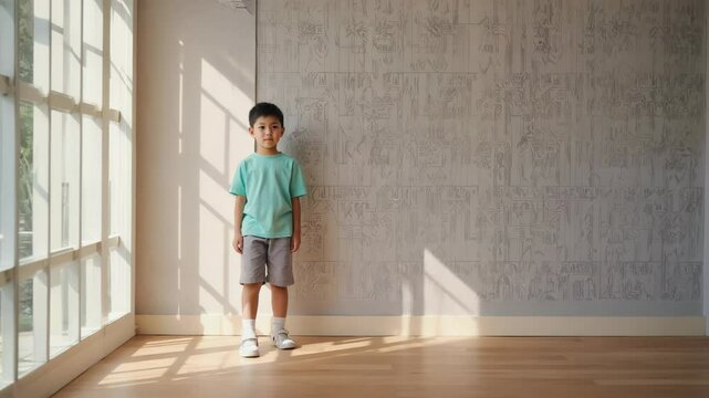 A young boy stands in front of a wall, looking up or down.