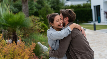 Fototapeta premium A joyful moment in the garden of their new home with laughter