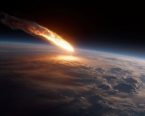 Fiery descent: A meteor streaks through the atmosphere, creating a spectacular light show as it plunges towards the earth amidst swirling clouds.