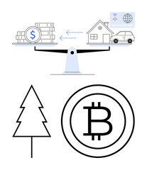 Obraz premium Scale weighing money, property, and car against cryptocurrency and tree symbol. Ideal for finance, technology, sustainability, investment, economics real estate conceptual thinking. Flat simple