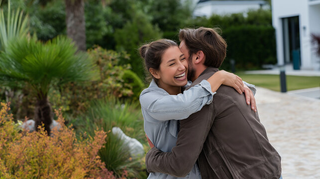 A joyful moment in the garden of their new home with laughter