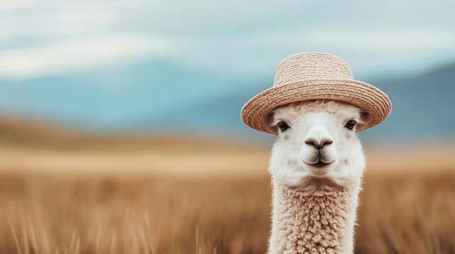 Beautiful fantasy portrait of a fluffy llama against a beautiful landscape