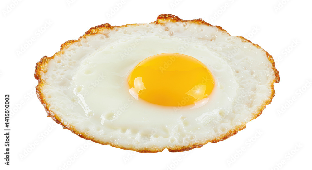 Poster a single fried egg with a golden yolk and crispy edges isolated on a black background in close up vi