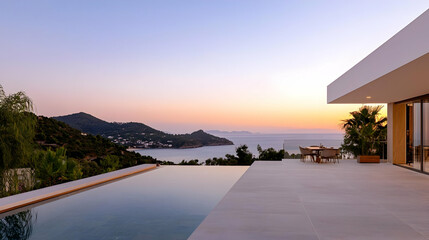 Fototapeta premium Modern Luxury Villa With Infinity Pool Sunset View
