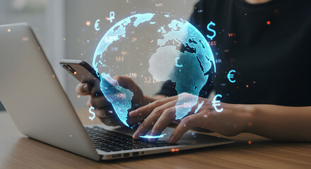 : Global Financial Transactions and E-commerce Concept with Person Using Laptop and Phone, Featuring Digital Earth and Currency Symbols