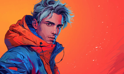 Naklejka premium illustration of stylish modern male with dyed hair wearing bright warm jacket against two colored background